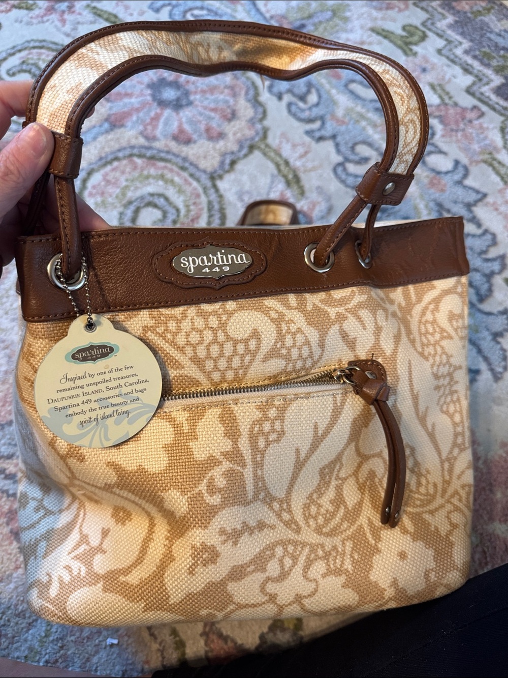 Spartina 449 Beige & Brown Floral Canvas Tote with Leather Trim
